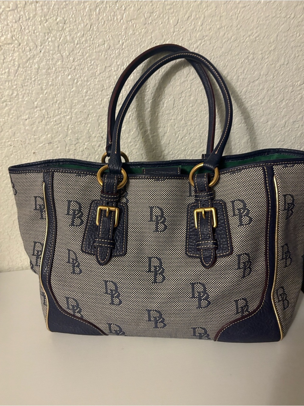 Dooney & Bourke Navy and Cream DB Monogram Tote with a dust bag